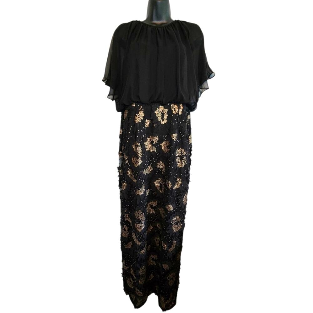 Aidan Mattox evening gown black and gold sequins applique size 12